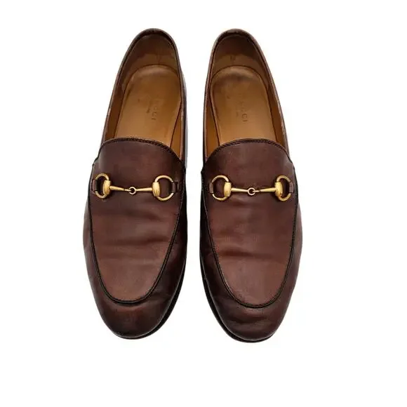 Gucci Jordaan Horsebit Flat Loafer Brown Leather Gold Slip On Size 38 US 8 - Picture 3 of 13